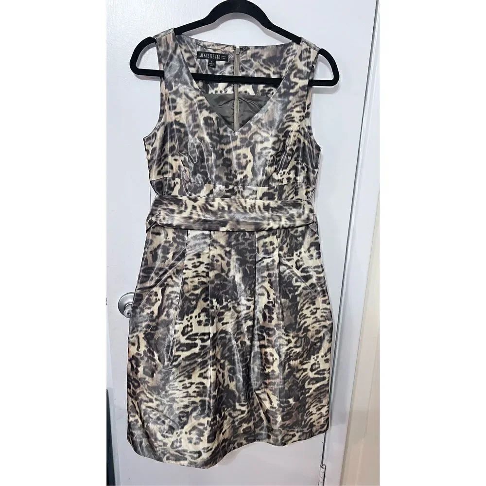 Lafayette 148 NEW YORK  V Neck Leopard PRINT Belted Dress SZ 4 - Picture 2 of 11